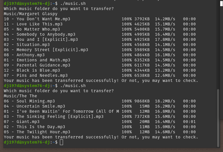screenshot of terminal window showing music files being transferred.