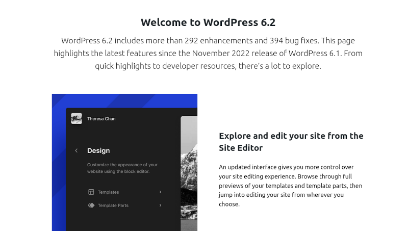 screenshot of WordPress 6.2 welcome page