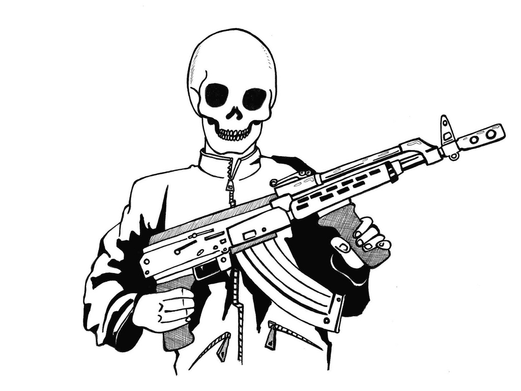 skeleton holding an AK-47