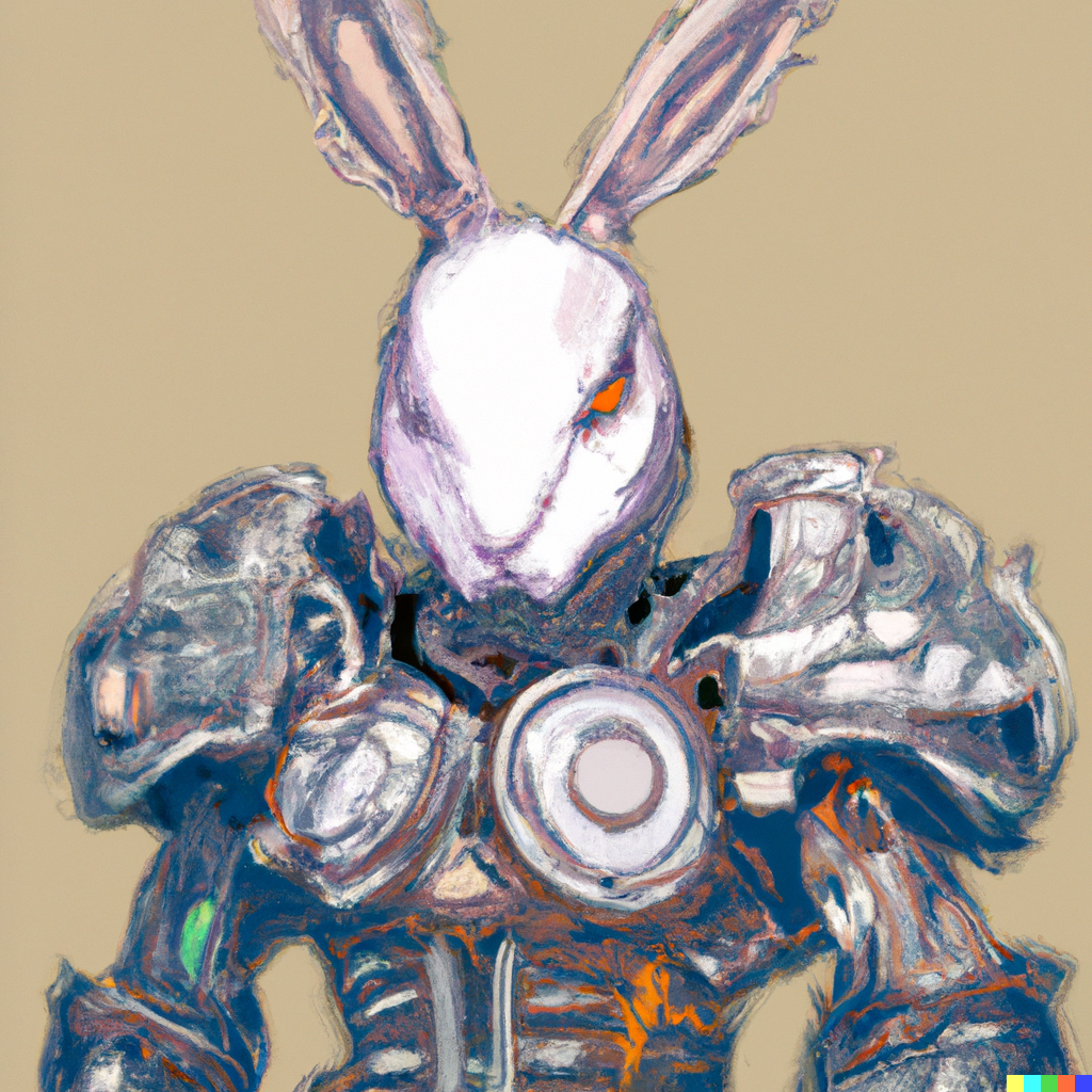 A robot bunny warrior in the style of Botticelli