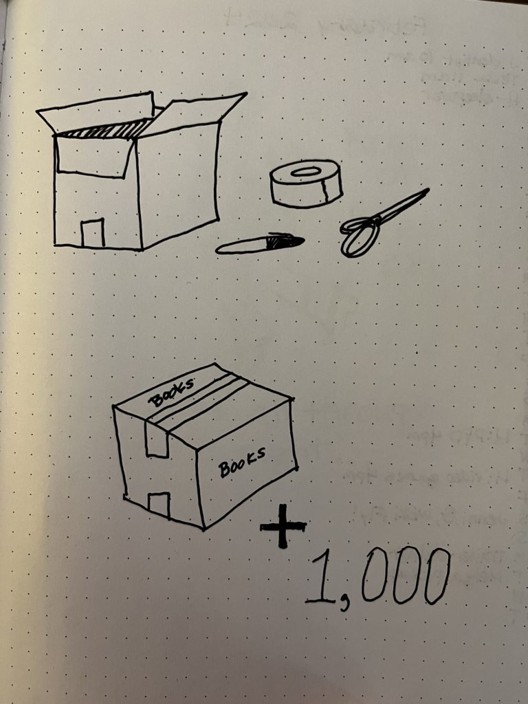 Doodle of moving boxes, tape, and scissors